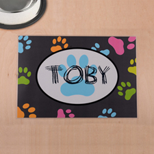 Impresión de patas de colores personalizados y alfombrilla gris para comida de mascotas