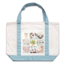 Bolsa de mano, grande, blanca, personliazada con colage de nueve de color celeste claro