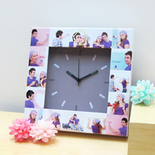 Reloj personalizado con collage de 16 fotografías en color gris