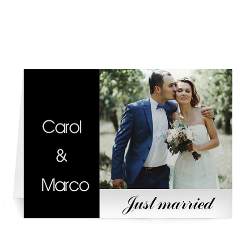 Tarjeta personalizadas de Boda con fotografía en color Negro Doblado Moderno 5x7