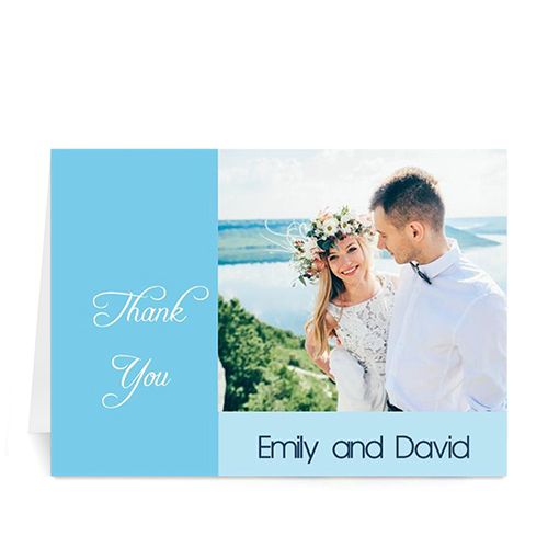 Tarjeta personalizada con fotografía de boda. Azul Celeste. 12.7x17.7. Moderno