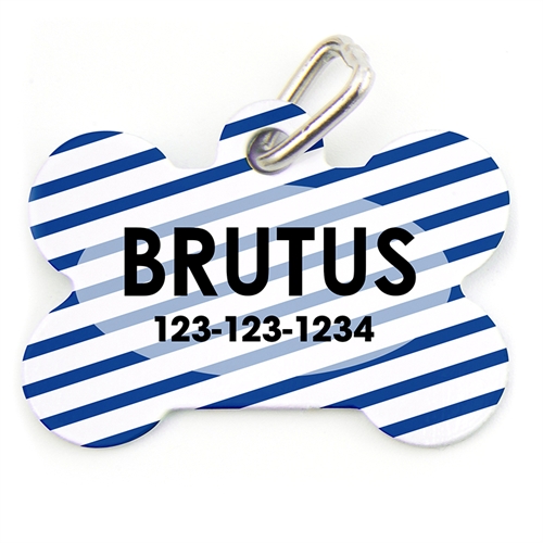 Placa de perro personalizada por un lado con forma de hueso con diseño ¨Rayas¨ azul marino.