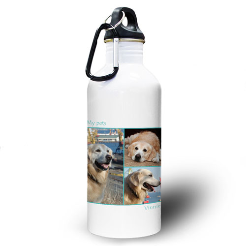 Botella de agua personalizada con foto Aqua con colaje de tres y con dos cuadros de texto