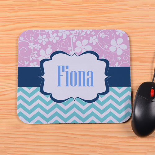 Personalized Pink Floral Aqua Chevron Mouse Pad