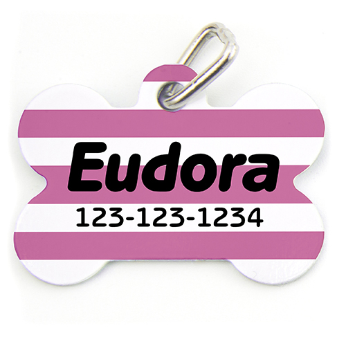 Placa de perro personalizada, Forma de hueso, a rayas fucsia