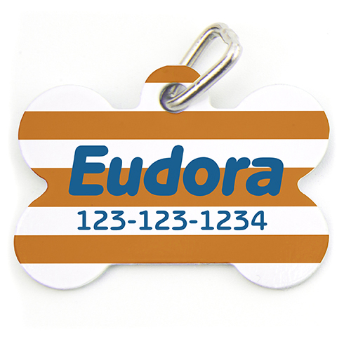 Placa de perro personalizada con forma de hueso con diseño ¨Rayas¨ naranja.