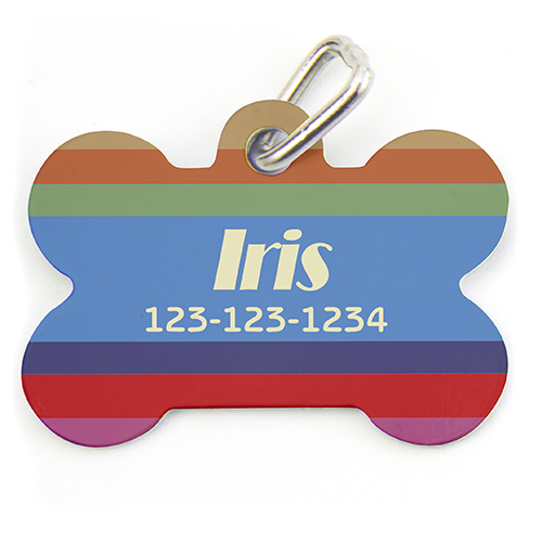 Placa de perro personalizada con forma de hueso a rayas de colores