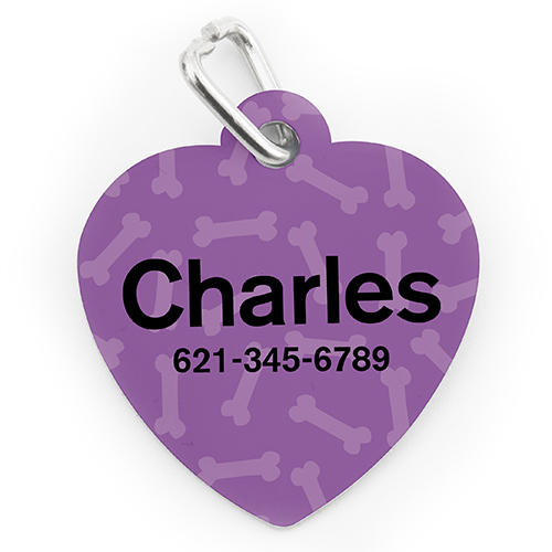 Placa de perro o gato en forma de corazón con patrón de huesos de lavanda impreso personalizado