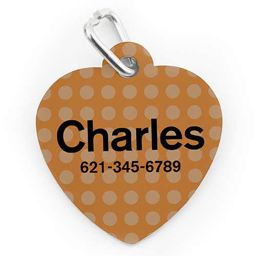Placa de perro o gato con forma de corazón e impresión personalizada con lunares naranja 