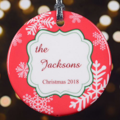 Personalized Christmas Red Snowflake Round Porcelain Ornament