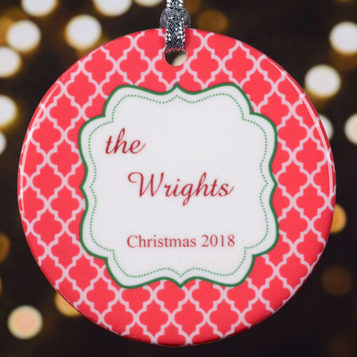 Personalized Christmas Red Quatrefoil Round Porcelain Ornament