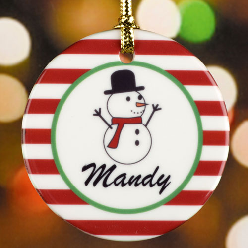 Red Stripe Snowman Personalized Ceramic Ornament