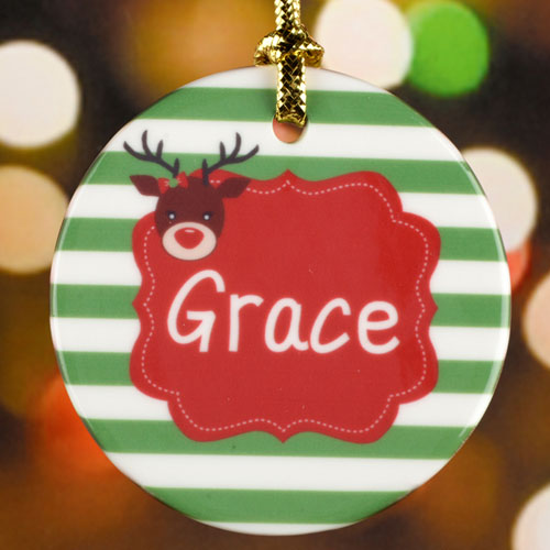 Green Stripe Reindeer Personalized Ceramic Ornament