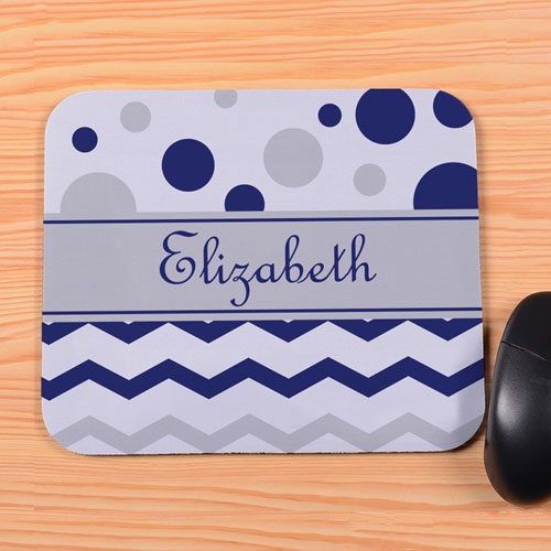 Personalized Navy Grey Chevron & Polka Dot Mouse Pad