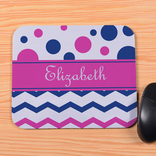Personalized Navy Fuchsia Chevron & Polka Dot Mouse Pad