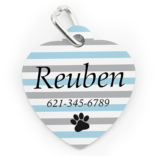 Placa de perro o gato con forma de corazón con impresión personalizada de pata a rayas acuáticas