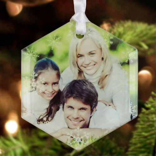 Snowflakes Personalized Photo Glass Ornament Hexagon 3
