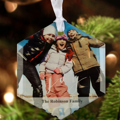 Joy Personalized Photo Glass Ornament Hexagon 3