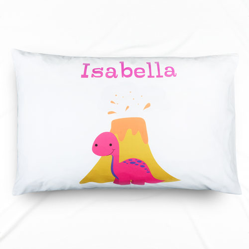 Funda de almohada con nombre personalizado de Dinosaurio Fucsia