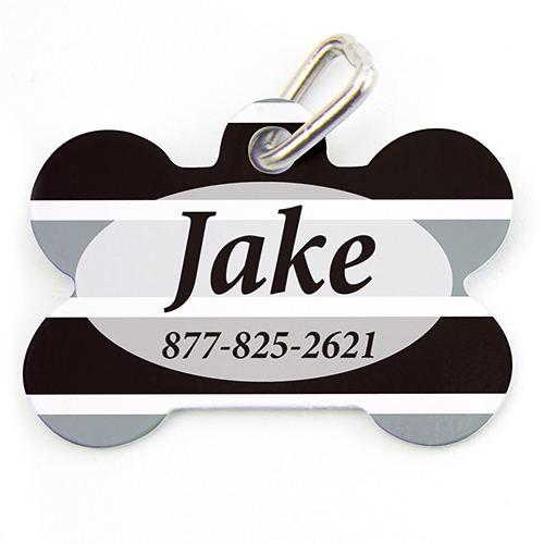 Placa de perro personalizada con forma de hueso a rayas negras y grises