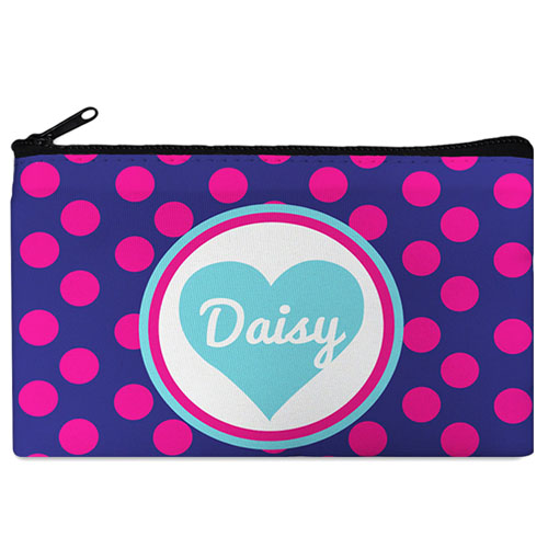 Bolsa cosmética personalizada con lunares y corazones color fucsia