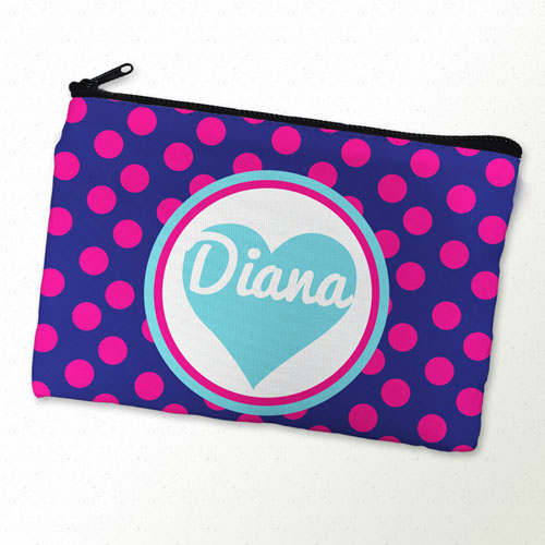 Bolsa cosmética personalizada con lunares y corazones color fucsia