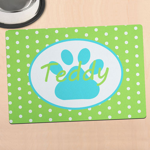 Alfombrilla de comida personalizada para mascota diseño lunares verde lima