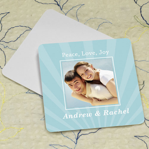 Portavasos de cartón personalizado con fotografía cuadrada con diseño lineal en color Aqua