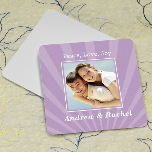 Portavasos de cartón cuadrado personalizado con fotografía en color Lavanda y diseño rayado