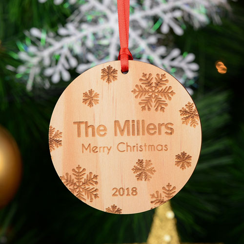 Snowflake Personalized Engraved Round Wooden Ornament