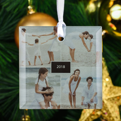 Personalized Four Collage Photo Square Glass Ornament