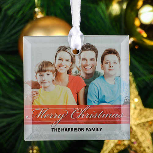 Merry Christmas Personalized Photo Square Glass Ornament