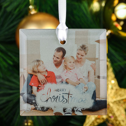 Snowflake Christmas Personalized Photo Square Glass Ornament