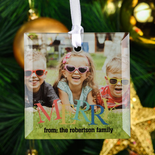 Merry Personalized Photo Square Glass Ornament