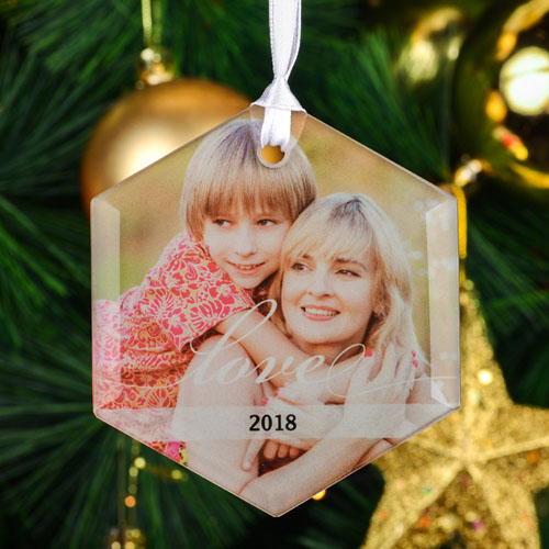 Love Personalized Photo Hexagon Glass Ornament