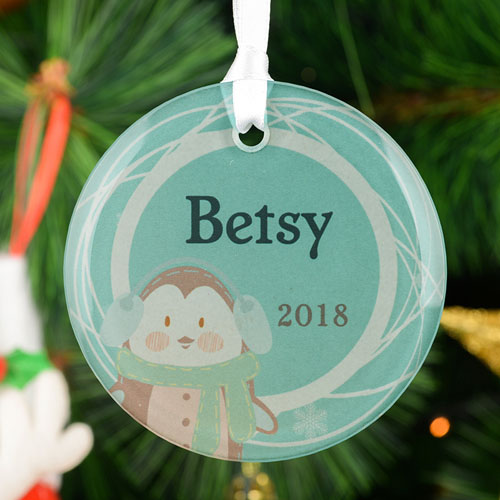 Personalized Penguin Glass Round Ornament