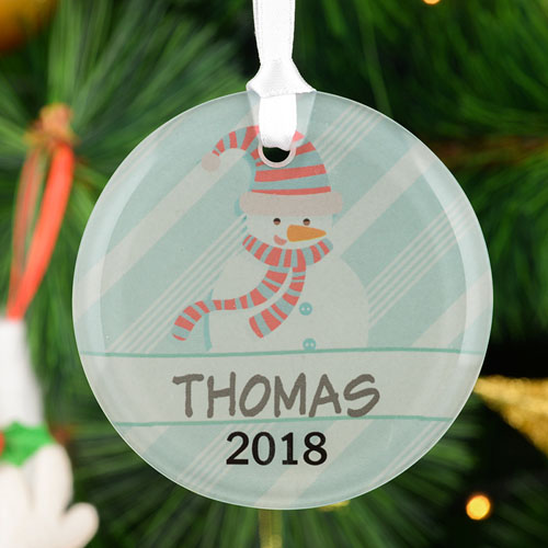 Personalized Santa Claus Snowman Glass Round Ornament
