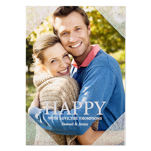 Tarjeta personalizada de Navidad con fotografía y brillos dorados