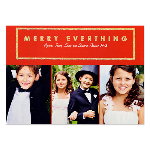 Tarjeta personalizada de Navidad con brillos rojos. 