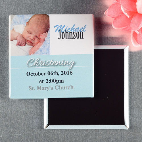 Blue Christening Baptism personalizados Recordatorio foto imán 