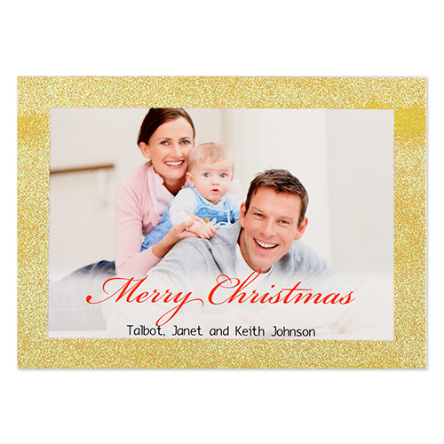 Tarjeta personalizada de navidad con brillos dorados color rojo