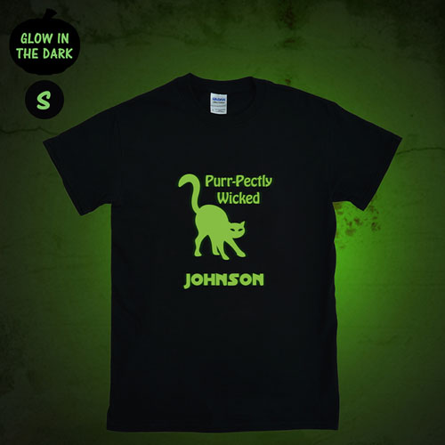 Gato personalizados brillan en la oscuridad camiseta de Halloween, Adulto pequeño 