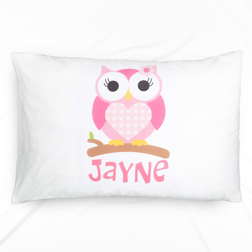 Funda de almohada con nombre personalizado para niños del Búho Rosa