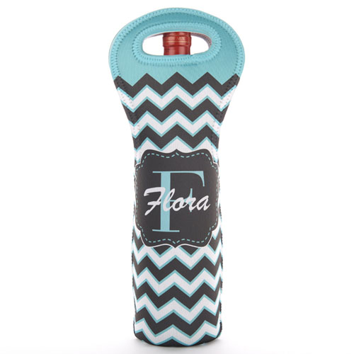 Bolsa de vino de material neopreno color Aqua con monograma de símbolos negros