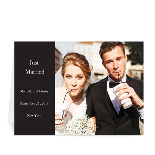 Tarjeta personalizadas de Boda con fotografía en color Negro Doblado Moderno 5x7